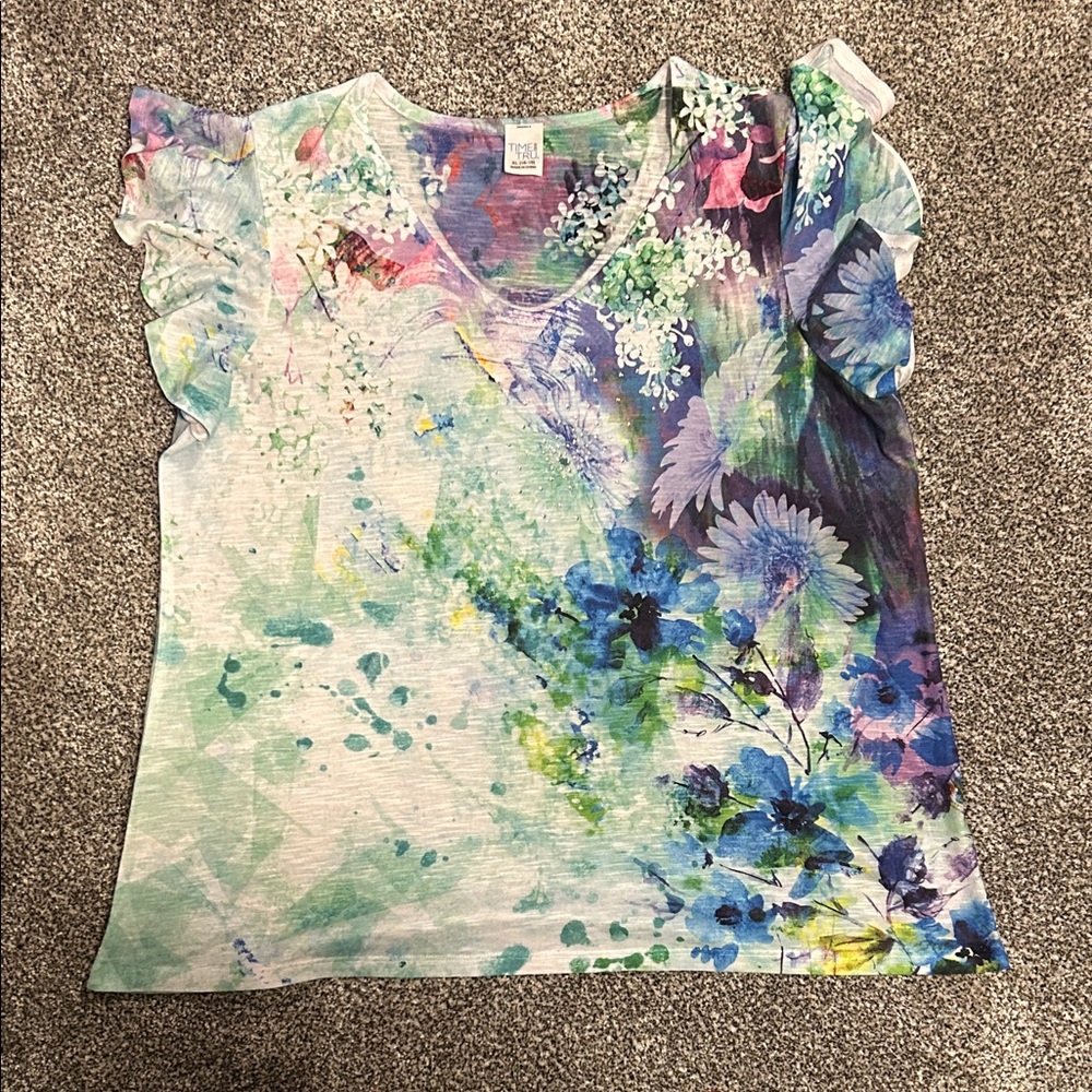 Time and Tru Floral Ruffle Sleeve Top size XL